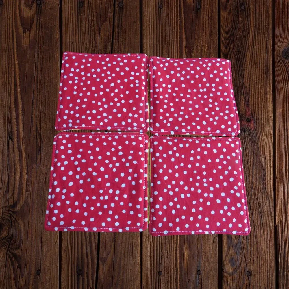 Fabric Coasters, Set Of 4,  Chicken Reversible Red and White Polka Dot Mug Rugs